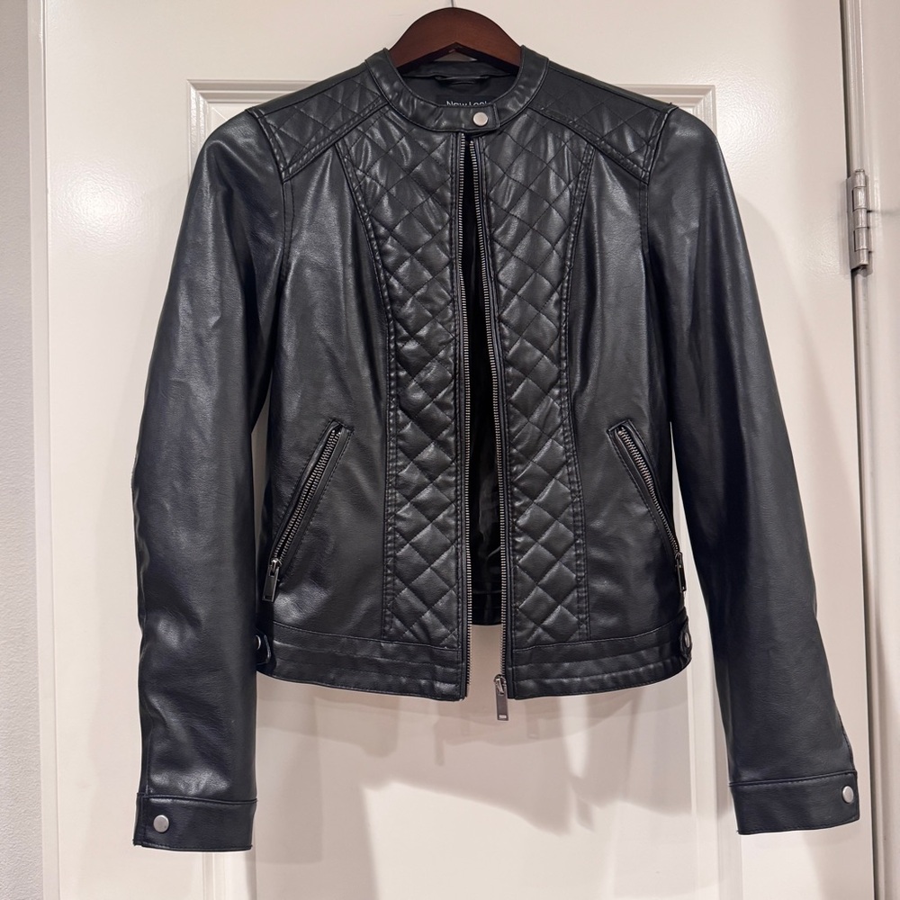 Y2K New Look Black Quilted Faux Leather Jacket Women Small